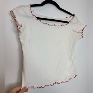 Brandy Melville White contrasting red Ruffle lettuce Trim Top
